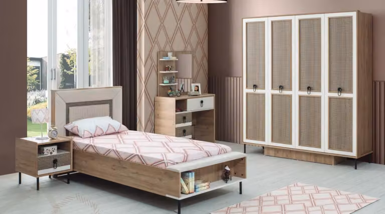 Garnitur Kinderzimmer Bett Kinderbett Kindermöbel Braun Holz Set 5tlg