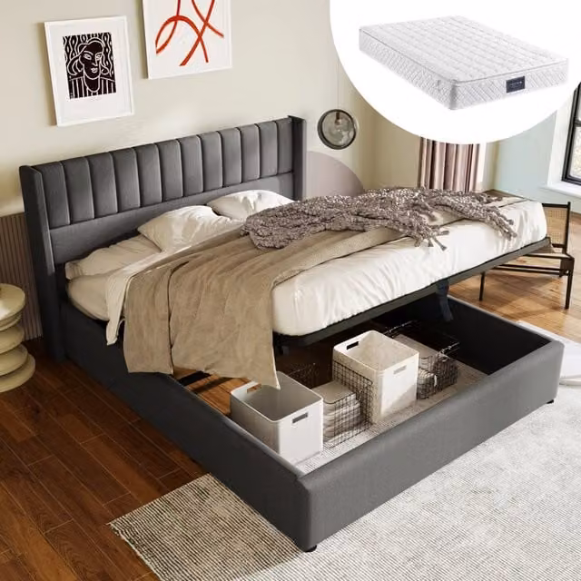 Letto contenitore 160 × 200 cm con rete a doghe sollevabile testiera imbottita in lino grigio
