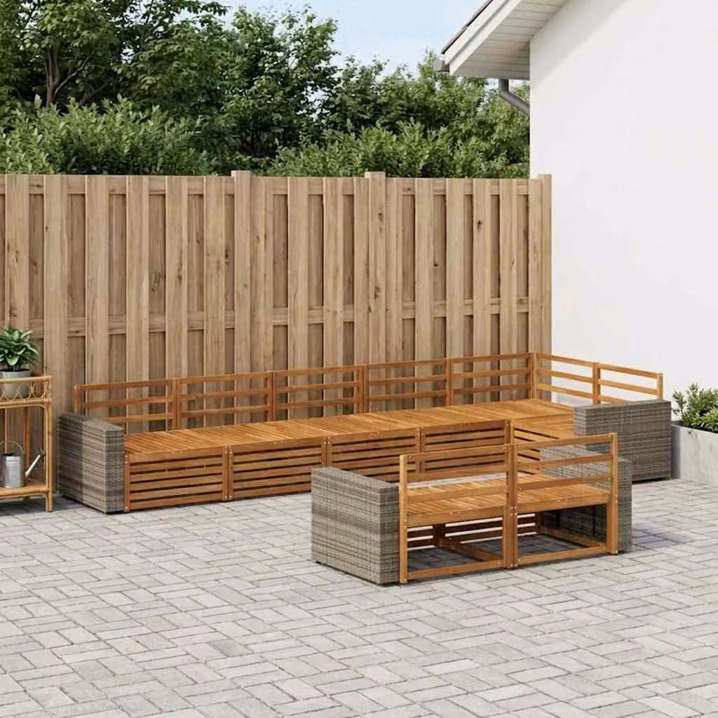 Set di divani da esterno vidaXL a forma di L in legno di acacia marrone con 8 pezzi e cuscini inclusi