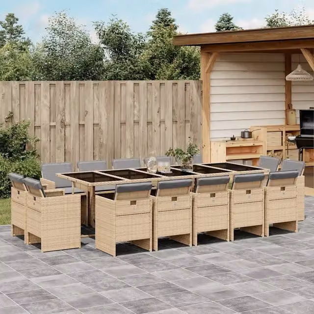 Set Pranzo da Giardino vidaXL in Polyrattan con Piano in Vetro e Cuscini, 15 Pezzi, Colore Beige, Nero e Grigio – 1