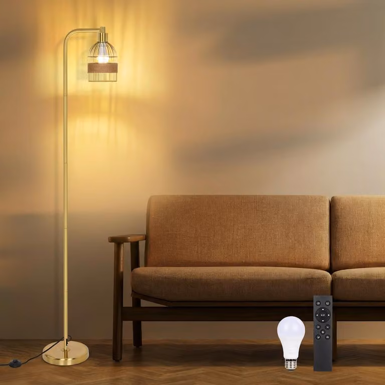 Lampada da terra dorata da soggiorno, lampada ad arco da 170 cm con paralume in lino e interruttore a pedale, con lampadina LED E27 dimmerabile, lampada da lettura moderna da camera da letto