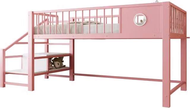 Letto a soppalco basso per bambini 90x200 cm in metallo con scala contenitore; rosa