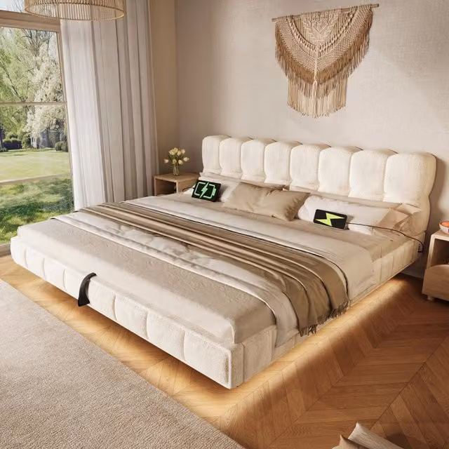 Letto matrimoniale contenitore 180x200 cm in ciniglia beige con LED; USB e Type-C