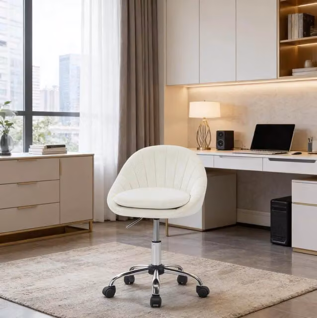 Sedia da ufficio beige girevole con ruote, regolabile