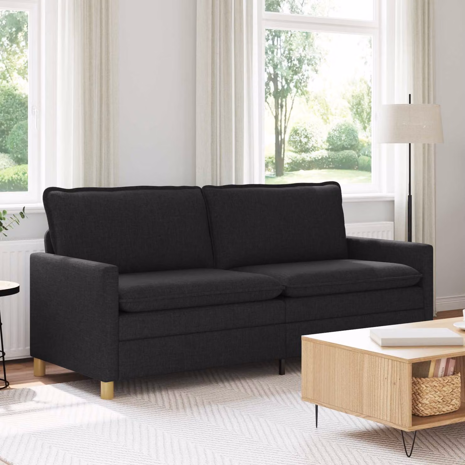 Divano a 3 posti vidaXL in tessuto con cuscini decorativi e coperture rimovibili, L: 196 cm, P: 81 cm, H: 87,5 cm, Nero e Giallo