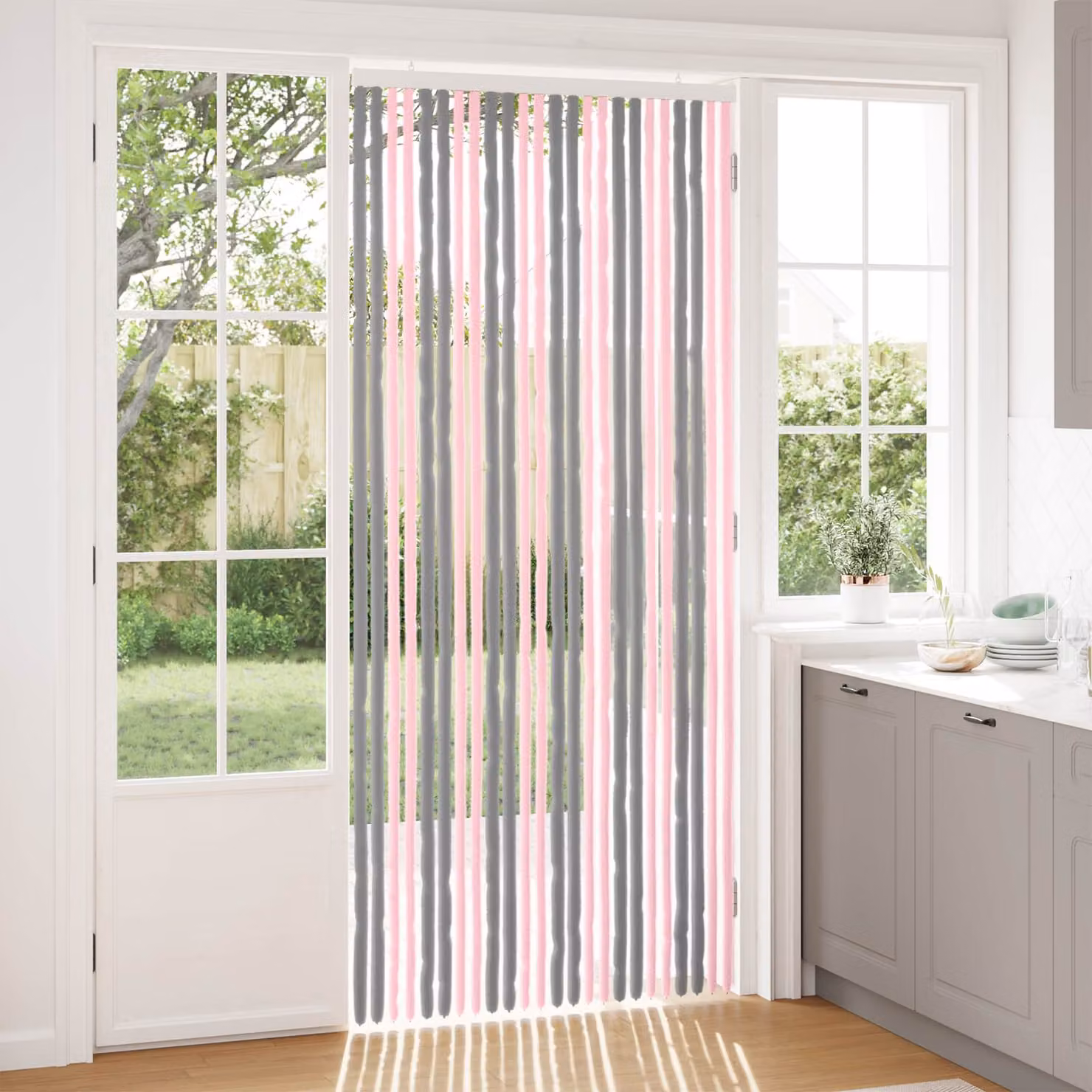 Tenda per insetti a strisce vidaXL in chenille e poliestere, Grigio Argento e Rosa, H: 230 cm, L: 100 cm