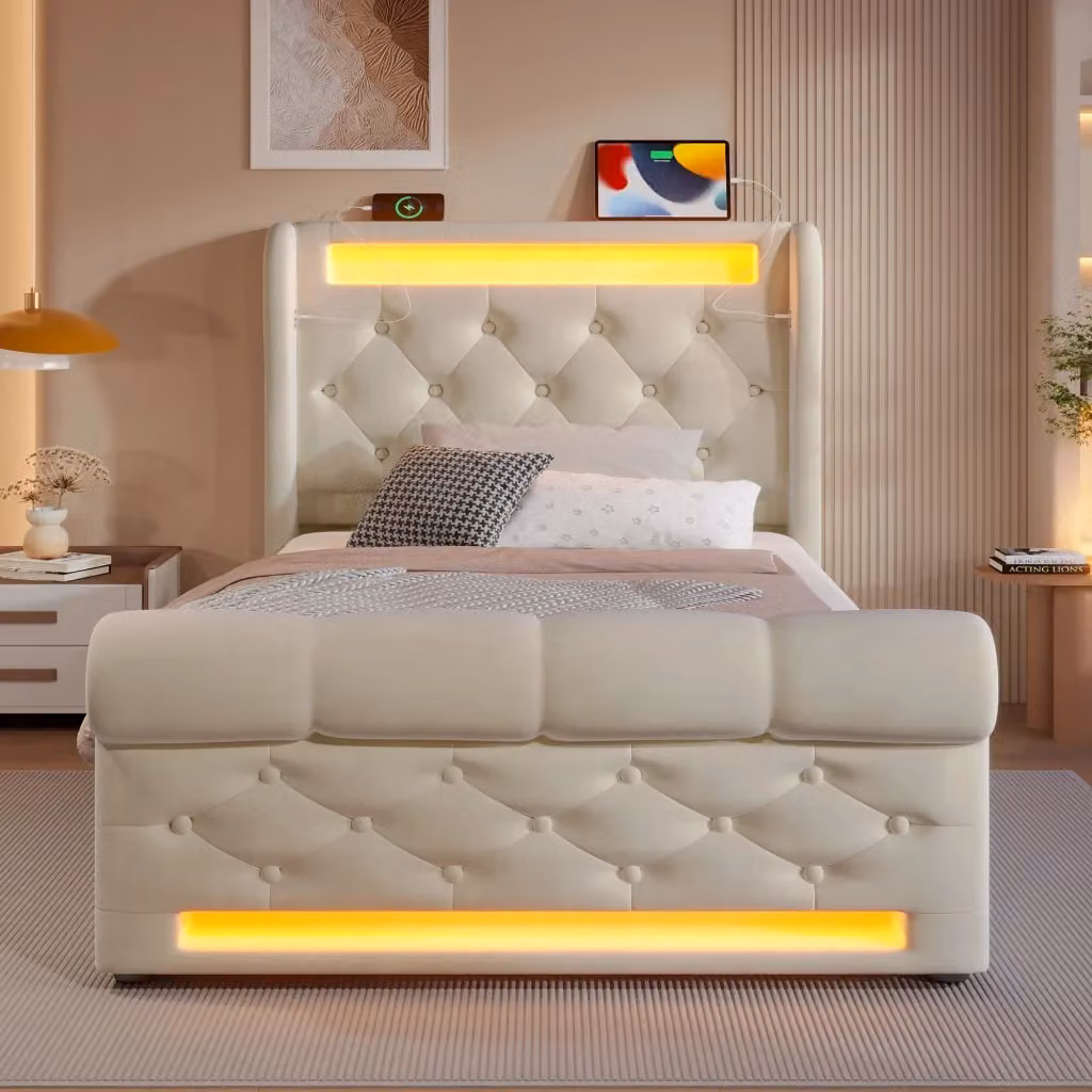 Letto singolo imbottito in velluto beige con contenitore, illuminazione LED e porte USB e Type-C, materasso incluso, L/P/H: 90 x 200 x 96 cm – 2
