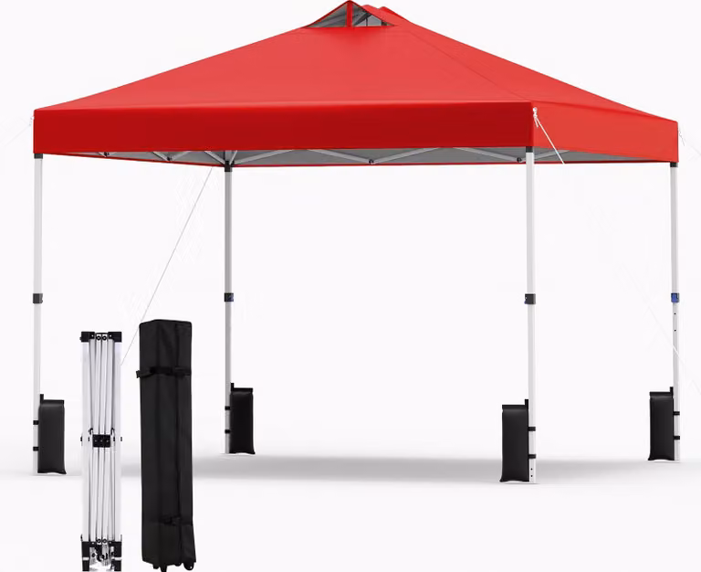 COSTWAY Gazebo 3x3 m, gazebo pieghevole pop-up resistente all'inverno, gazebo da giardino con 4 sacchi di sabbia, picchetti, corde e borsa con rotelle, tenda da festa parasole rossa