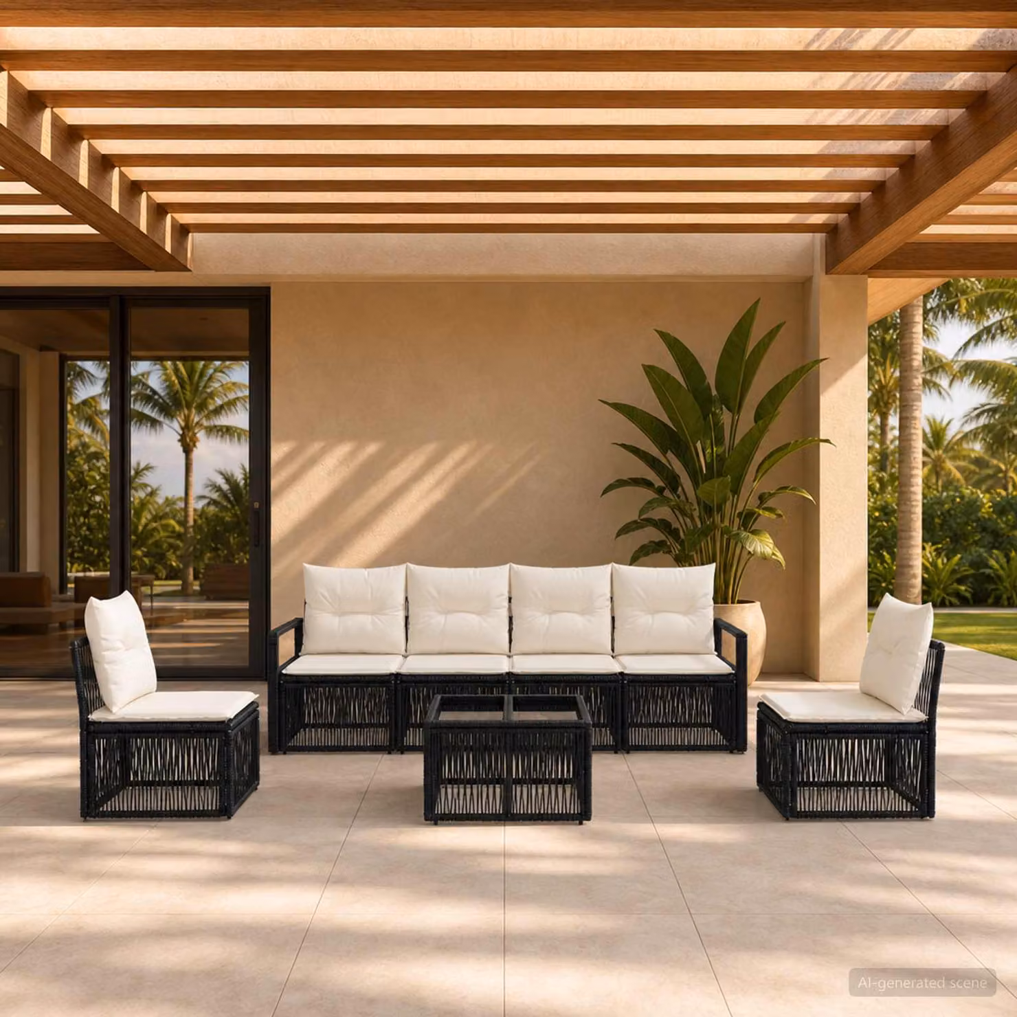 Set Divano da Giardino vidaXL 7 Pezzi in Polyrattan Nero con Cuscini e Tavolino da Esterno