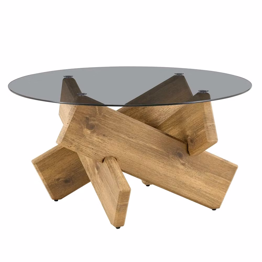 Tavolino da caffè rotondo Minimal con piano in vetro trasparente ed effetto marmo/legno marrone per soggiorno e salotto, L: 79 cm, P: 45 cm – 2