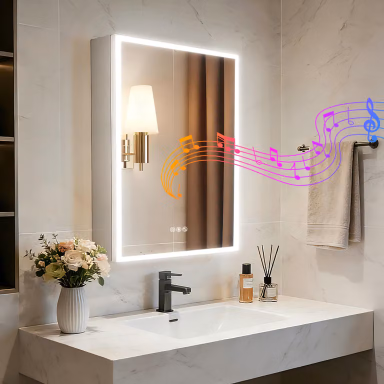 WISFOR, mobiletti da bagno con specchio, illuminazione LED, 50x70 cm. Mobiletti da bagno con LED, dotato di presa Bluetooth, funzione antiappannamento e 3 tonalità di luce, controllabili tramite touch screen