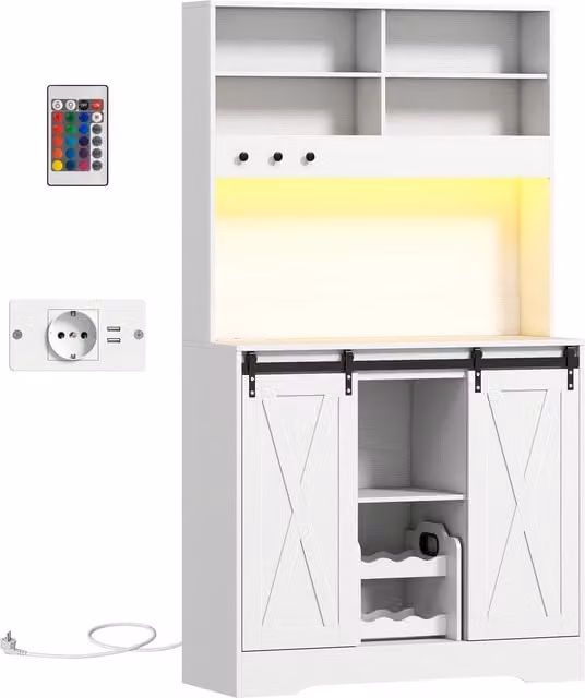 Credenza Cucina HOMCOM Bianca con Ante Scorrevoli, Luce LED, Portabottiglie e Prese Elettriche, L/P/H: 100 x 38 x 180 cm – 1