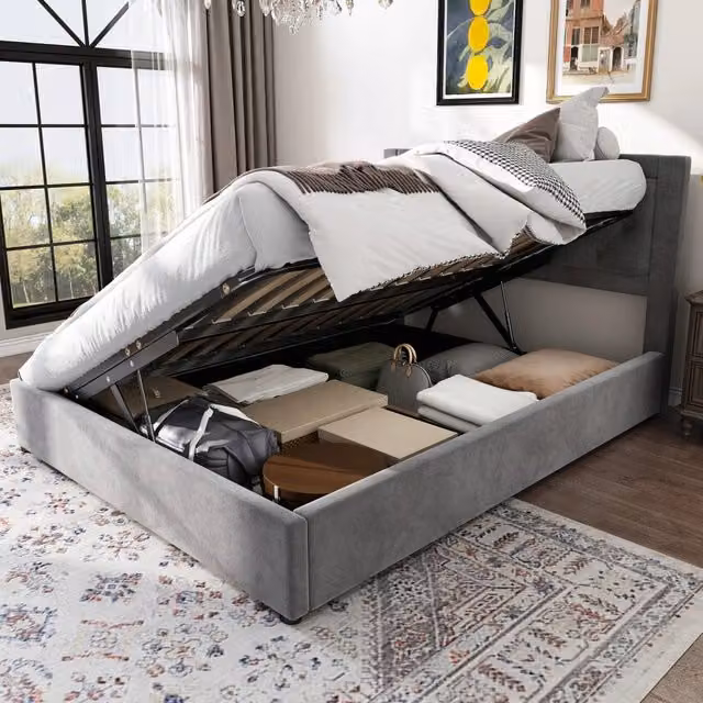 Letto imbottito Chesterfield - Xylo - 140x200 - Grigio - Stelaio sollevabile