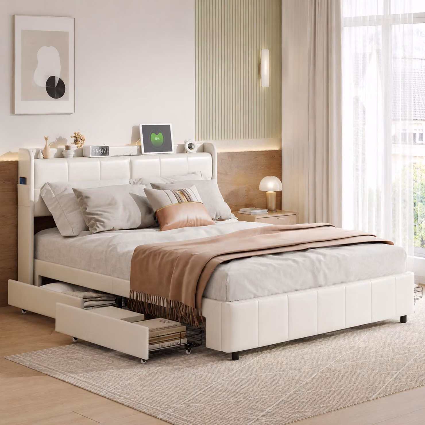 Letto imbottito INONEFT, 160x200 cm, con 4 cassetti, letto matrimoniale con USB e Type-C, testiera con spazio contenitore e luce notturna, letto per ragazzi con rete a doghe, colore bianco