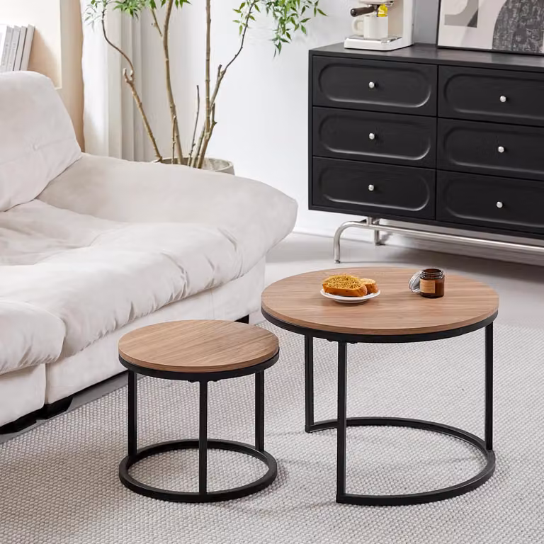 Tavolino rotondo - Tavolino da soggiorno - Set 2-in-1 composto da tavolino e piano aggiuntivo - Realizzato in legno e metallo - Design moderno - Facile da montare - Finitura in noce scuro