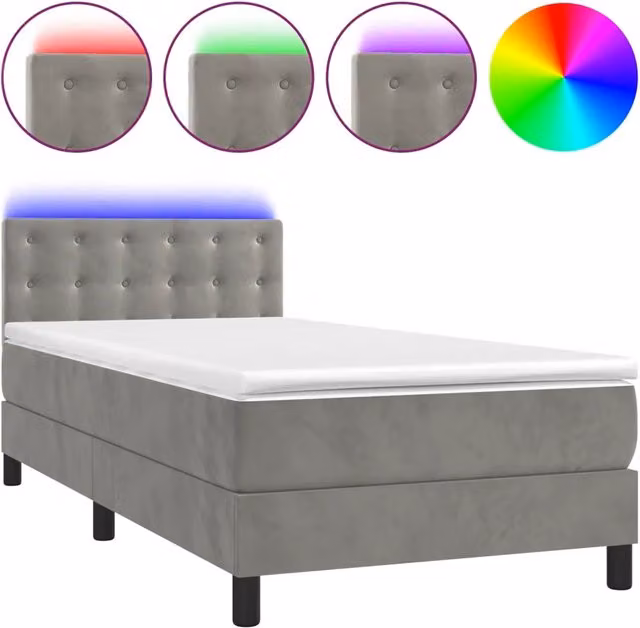 Letto singolo | Letto per adulti | Letto a Molle con Materasso e LED Grigio Chiaro 90x190 cm Velluto