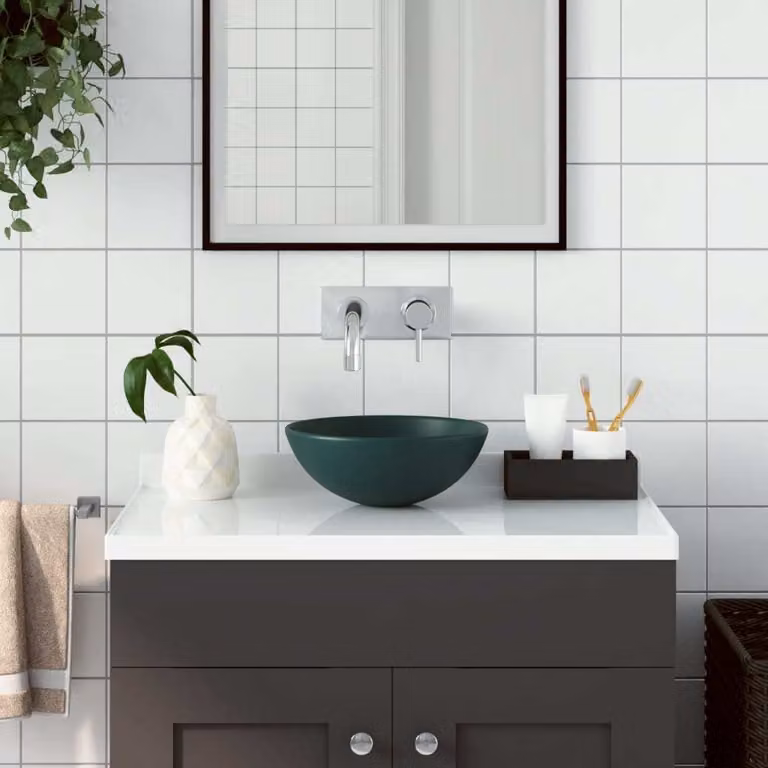 The Living Store Lavabo in Vetroceramica verde scuro rotondo