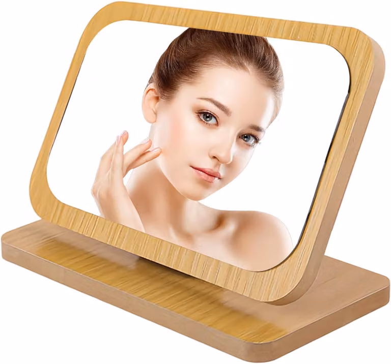 Specchio da trucco, pieghevole, con cornice in legno, di piccole dimensioni, ideale per la camera da letto