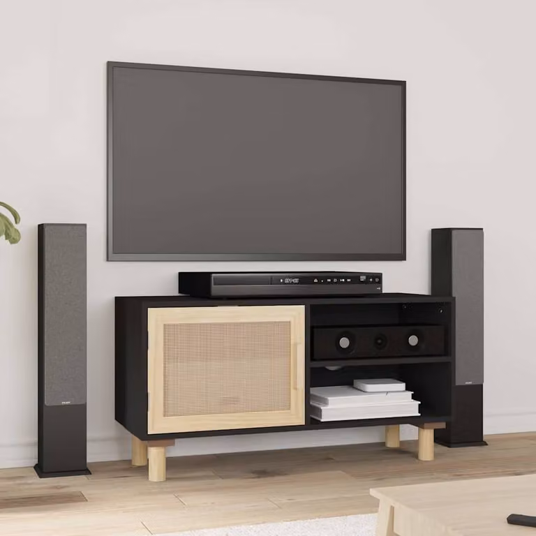 Mobile TV vidaXL Nero in Legno di Pino Massello e Rattan Naturale L 80 cm, P 30 cm, H 40 cm