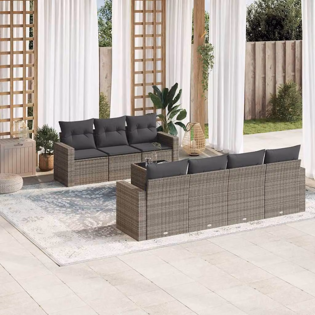 vidaXL Set Divano da Giardino 8 pz in Polyrattan Grigio con Cuscini e Tavolino