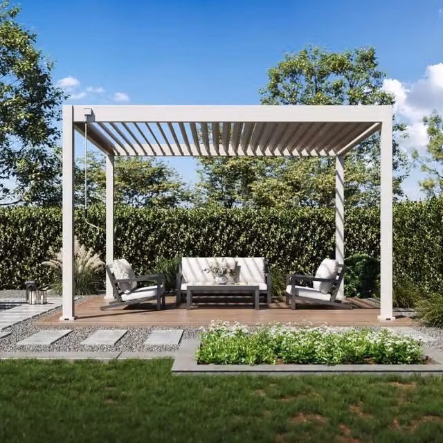 Pergola bioclimatica autoportante Ombrea VS in alluminio, colore beige con lamelle bianche, dimensioni 3 x 4 m – 1