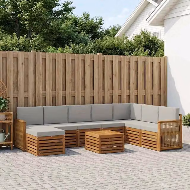 Set di divani da esterno a L vidaXL in legno di acacia con cuscini beige e grigio