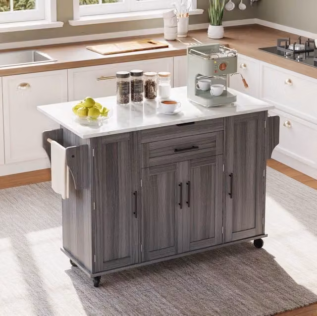 Isola mobile da cucina moderna in MDF grigio opaco con piano estensibile, H: 92 cm, L: 136 cm, P: 70 cm