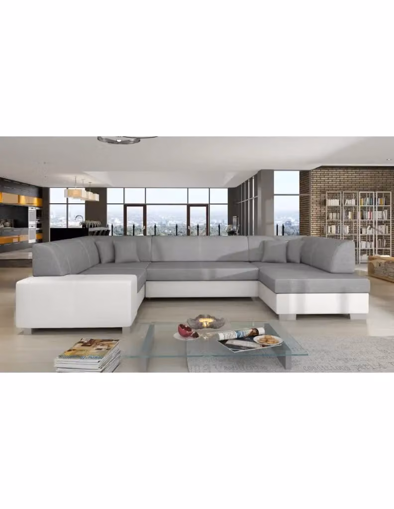 Divano panoramico a U HAVANA MEUBLORAMA Grigio e Bianco, modello convertibile per 6 persone con funzione letto e contenitore, design moderno in tessuto con struttura in legno massiccio, L: 322 cm, P: 204 cm, H: 176 cm – 2