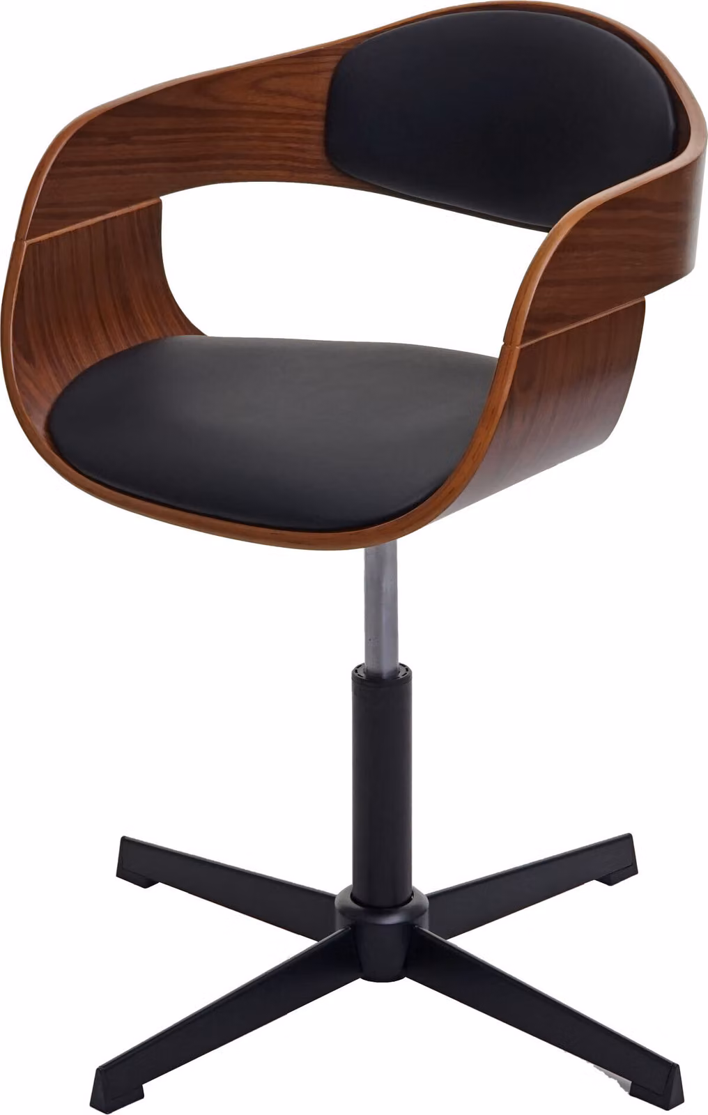 Sedia da ufficio MCW-H46, sedia da scrivania, regolabile in altezza, meccanismo girevole, legno curvato MVG ~ effetto noce, Pelle finta nera