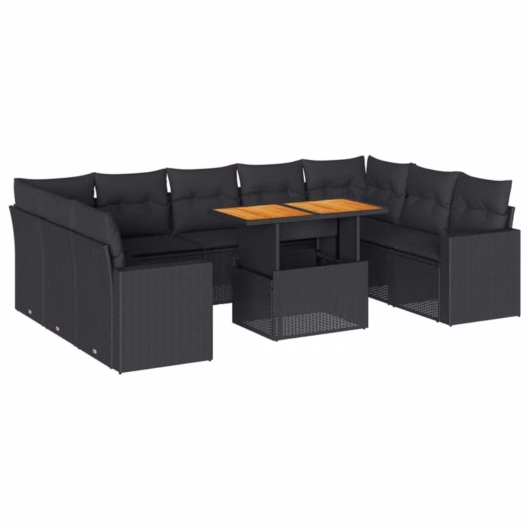 Set Divani da Giardino 10pz con Cuscini in Polyrattan Nero
