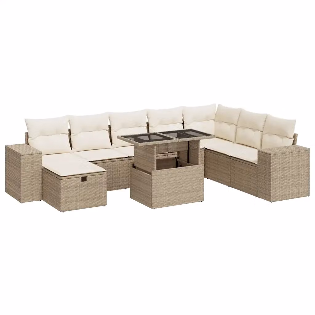 Set Divano da Giardino a L vidaXL in Polyrattan con Cuscini Beige e Tavolino da Esterno 9 pz – 2