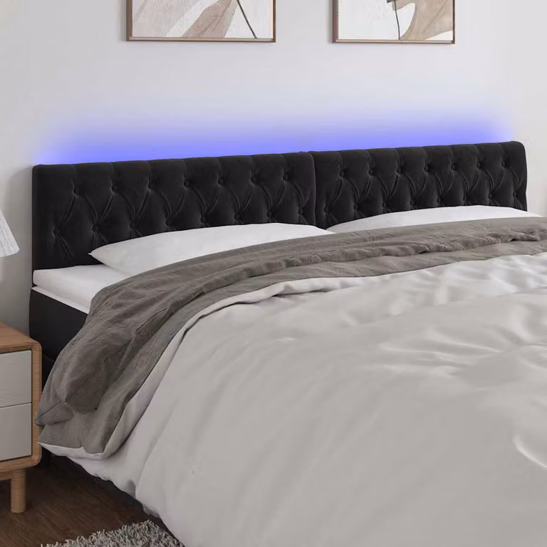 Testiera per letto vidaXL in velluto nero con illuminazione LED e porta di ricarica USB, L: 200 cm, P: 7 cm, H: 78-88 cm