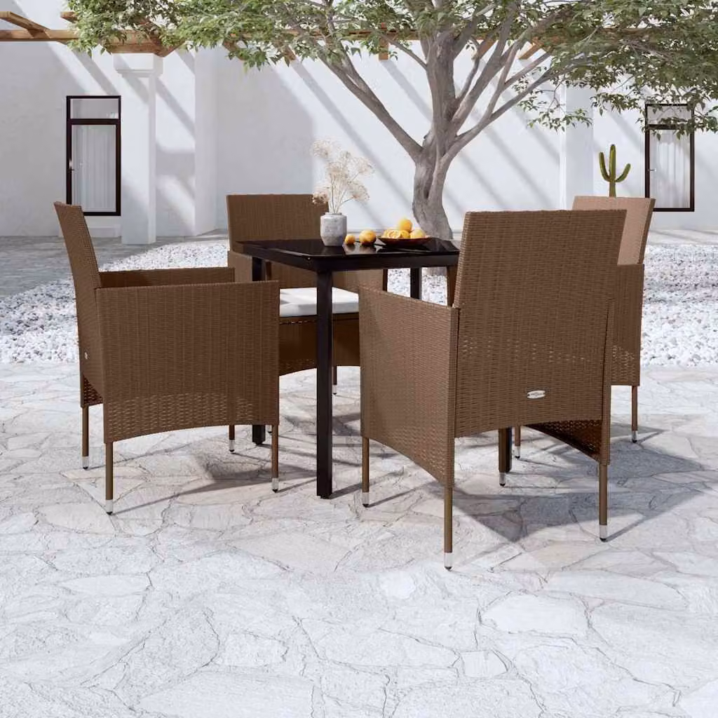 Set da pranzo da giardino vidaXL in polyrattan con tavolo in vetro e 5 sedie con cuscini, Marrone e Nero