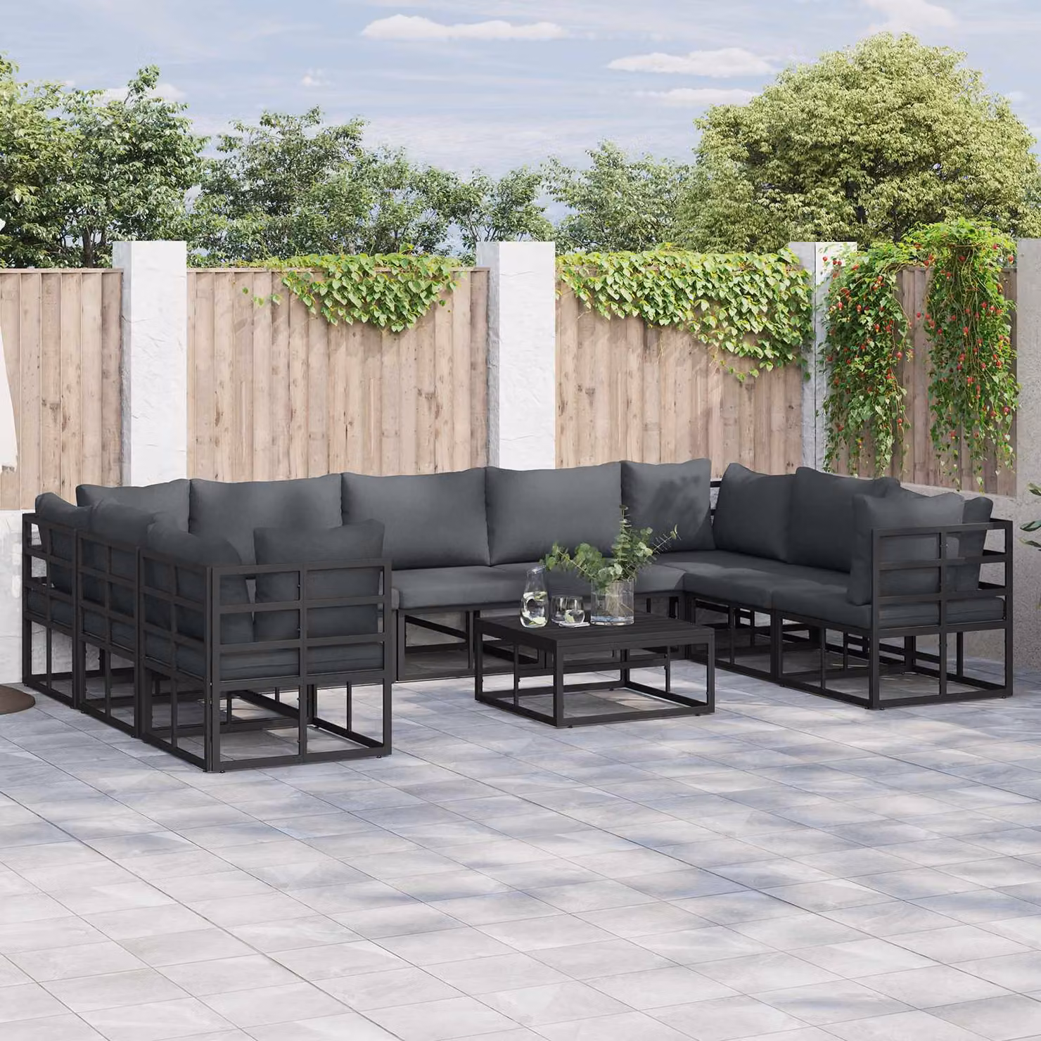 Set Divano da Giardino vidaXL 10 Pezzi in Alluminio Verniciato Nero con Cuscini Imbottiti e Tavolino – 1