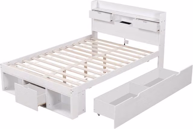 Letto matrimoniale 140x200 cm bianco con USB, cassetti e armadietto, ideale per bambini e ragazzi, senza materasso