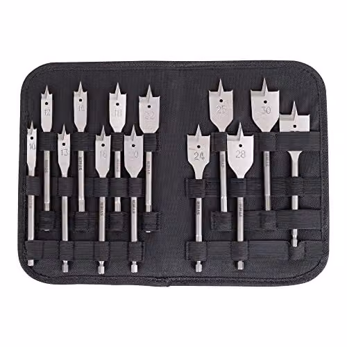 Set di 13 punte da fresatura piatte STIER, 10 - 32 mm, 1/4 di pollice, pronte all'uso nella custodia da trasporto in tessuto, gambo esagonale adatto per avvitatori a batteria, foratura semplice e precisa grazie alla punta