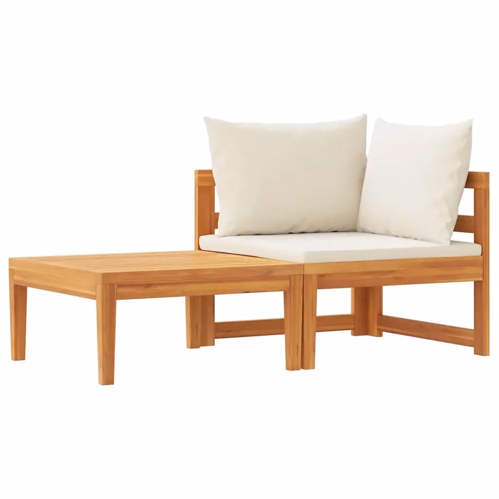 Set di divani da giardino in legno d'acacia con cuscini bianchi, 2 pezzi – 2
