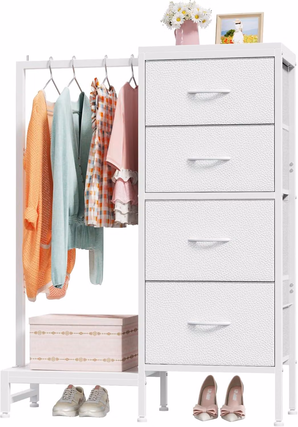 Armadio contenitore in tessuto con 4 cassetti e asta appendiabiti, 111 cm, bianco, per la camera da letto