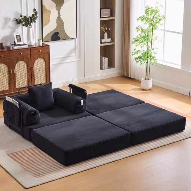 Divano modulare in velluto a coste nero 112 x 190 x 67 cm con cuscino e tasca laterale