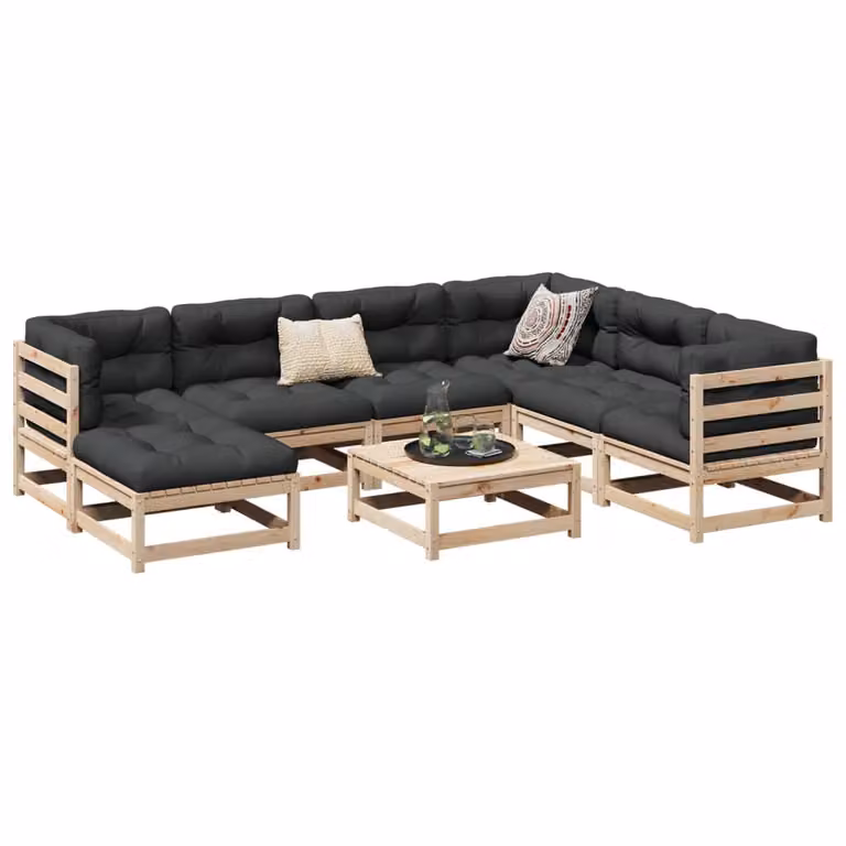 Set di divani da giardino vidaXL a forma di L composto da 8 pezzi in legno di pino con cuscini inclusi nei colori marrone e grigio