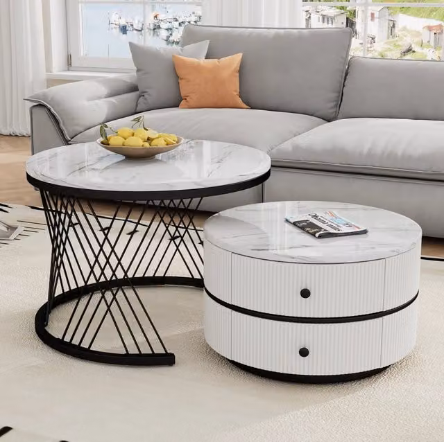 Set tavolini da caffè 60x60x46 cm e 50x50x31 cm; con 2 cassetti; MDF; bianco