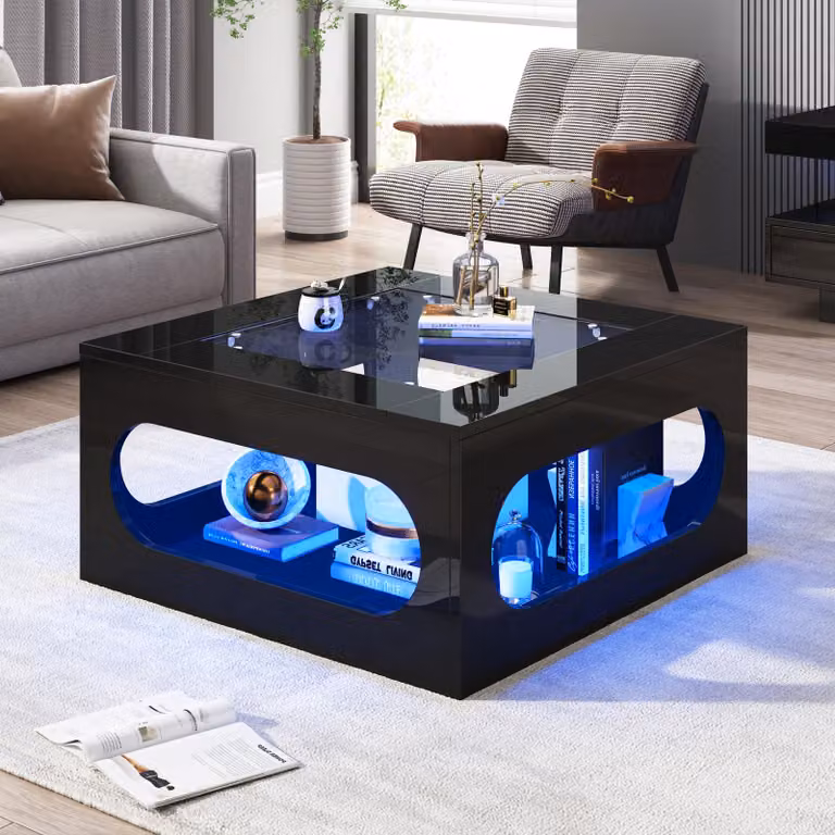 STILVORA Tavolino da salotto con illuminazione a LED, tavolino da salotto con piano in vetro temperato, tavolino quadrato lucido, nero