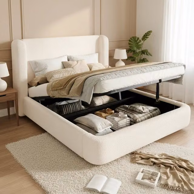 Letto Contenitore Matrimoniale Imbottito ¨C MINIMAL ¨C Beige Boucl¨¦, Testiera, Idraulico, 180x200