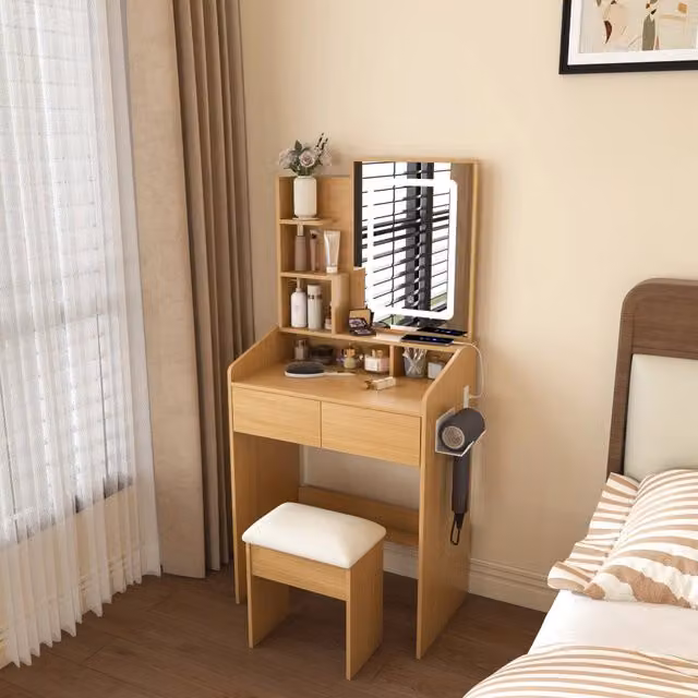 Toeletta con specchio LED dimmerabile; due cassetti; ripiano aperto; portaphon e sgabello imbottito in MDF naturale