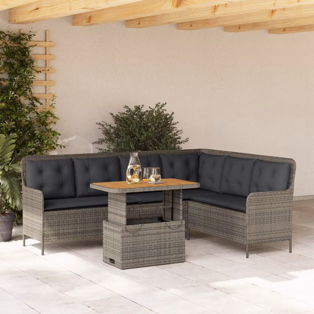 Set Divano da Giardino a L vidaXL in Polyrattan con Cuscini e Tavolino, Grigio e Marrone – 1