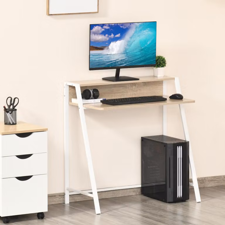 okwish Scrivania moderna con gestione dei cavi e struttura in metallo laccato, scrivania per computer con ripiani e struttura in metallo, bianco/rovere