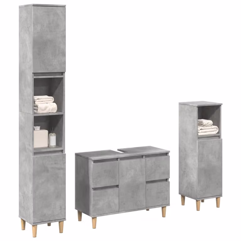 Set di mobili da bagno vidaXL in legno multistrato grigio, composto da 3 pezzi: mobile lavabo, colonna alta e mobile laterale