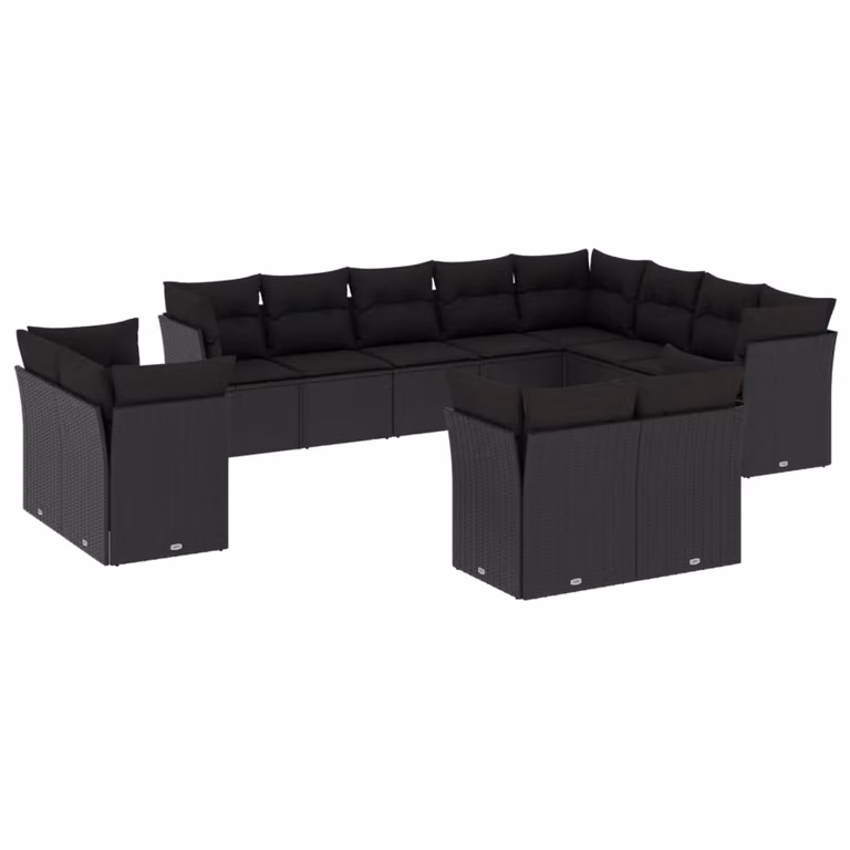 Set Divani da Giardino 12 pz con Cuscini Nero in Polyrattan