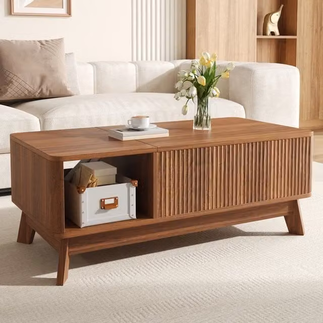 Tavolino basso alzabile Mivray con vano nascosto e ripiano laterale in MDF color noce, L: 95 cm, P: 48 cm, H: 50 cm