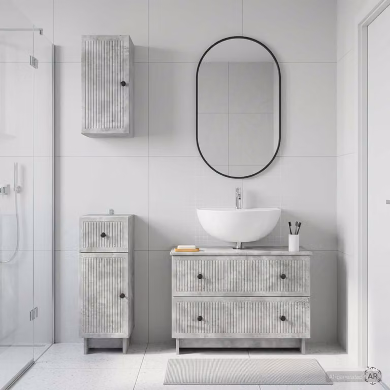 Set di armadietti da bagno vidaXL EDE in 3 pezzi, design minimalista, colore grigio cemento, con mobile sottolavabo e pensili a parete